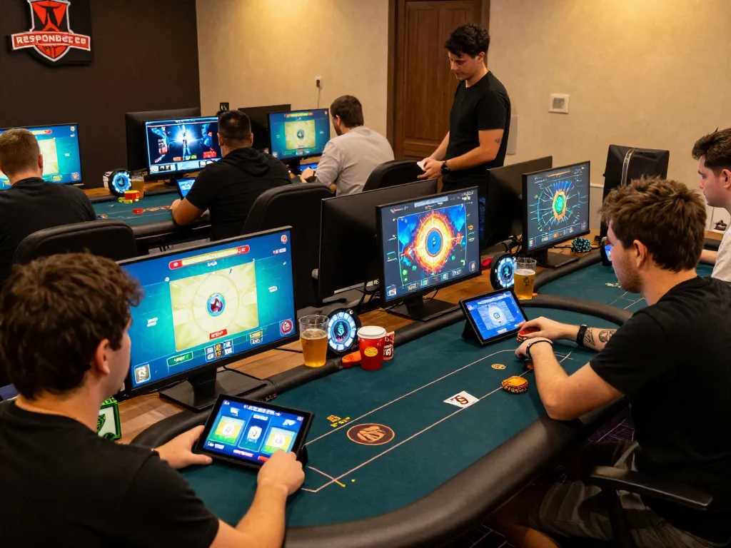 Players enjoying an online poker game at uk88, showcasing engaging screens and snacks in a lively setting