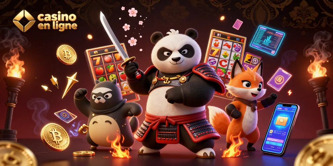 Illustration 3D d'un panda samouraï et un renard ninja dans un casino en ligne avec des jeux de machines à sous.