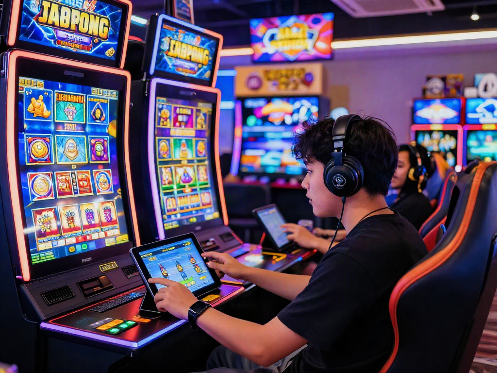 Engaged player enjoying bandar slot gacor in a vibrant online casino gaming environment, surrounded by digital slot machines and engaging visuals.