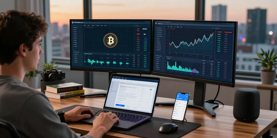 Exploring passive bitcoin mining in a tech-driven workspace with blockchain analytics, digital wallets, and cryptocurrency performance.