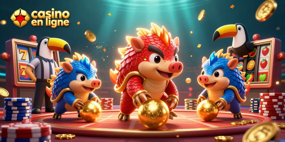 Jouez au casino en ligne avec des pangolins animés et des éléments de machines à sous scintillants.