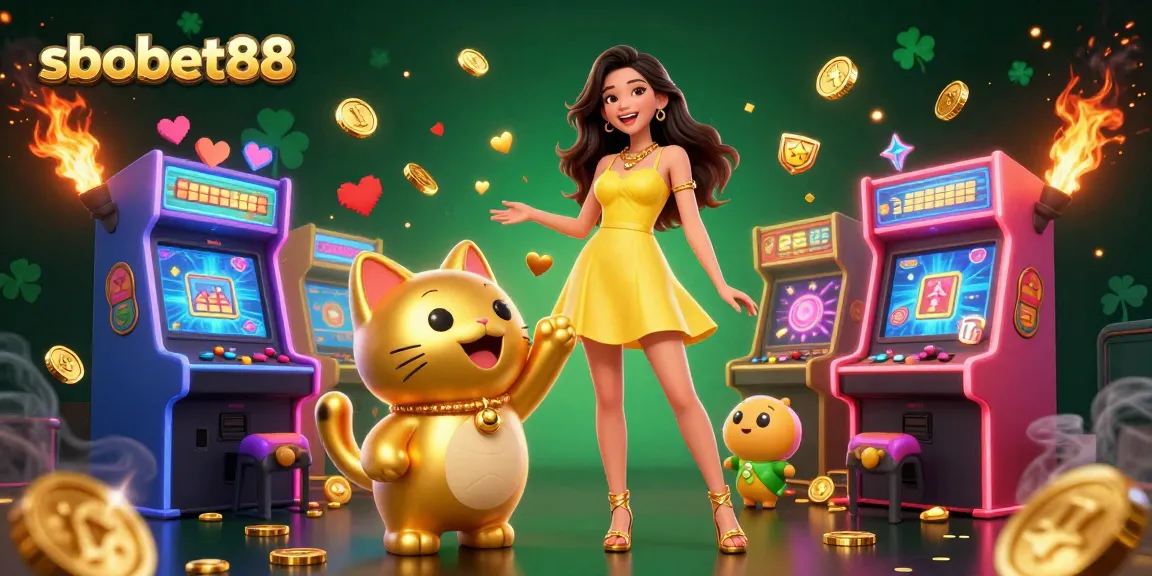 Betting on sbobet88 with a festive 3D rendering featuring a joyful Asian woman and a lucky cat amidst vibrant casino elements.