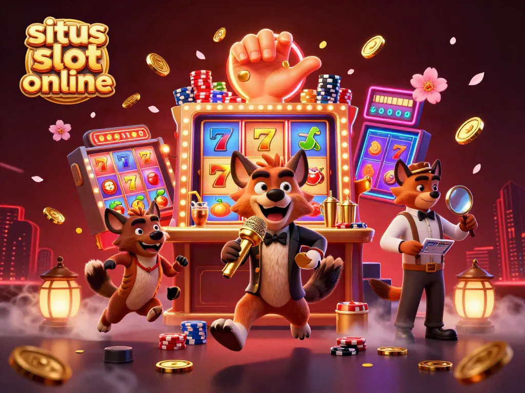 Slot online yang menyenangkan dengan karakter hyena di lounge kasino, menampilkan komedian dan bartender.