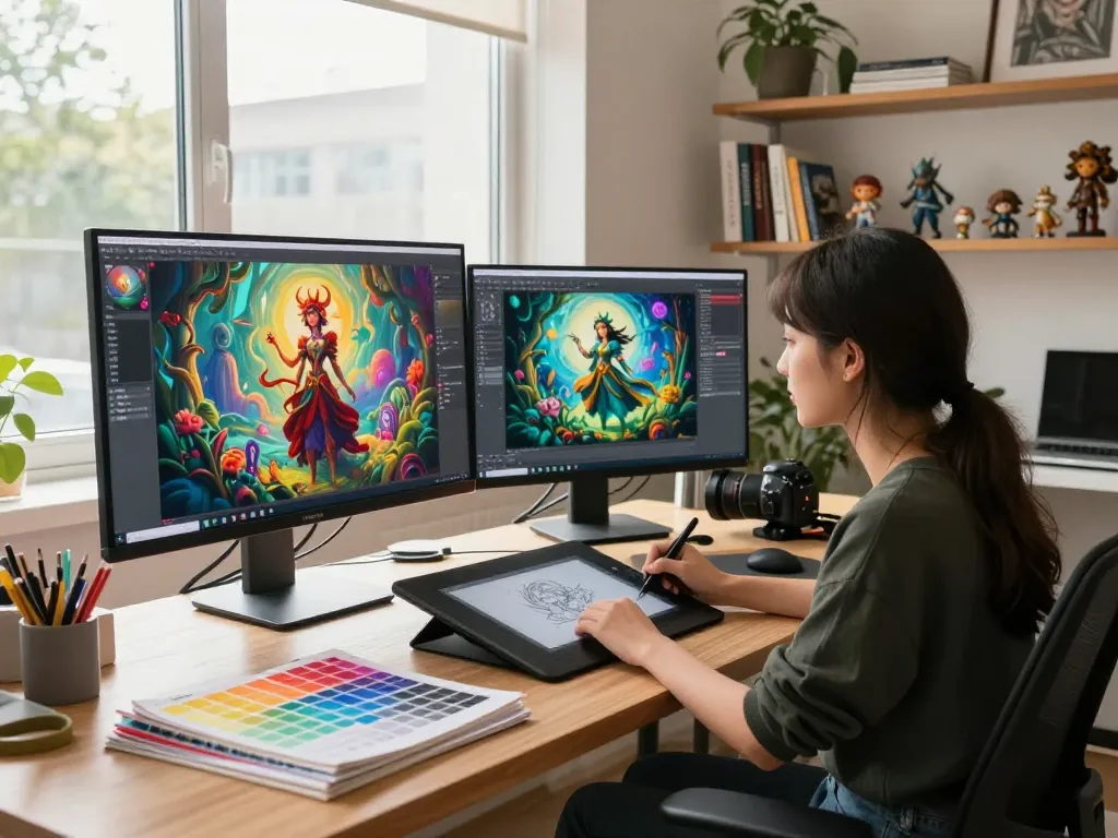 Artist creating NSFW AI illustrations in modern digital studio.