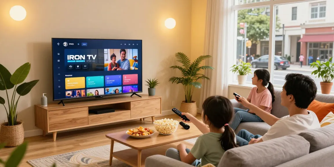 Famille profitant de l'application iron tv pro dans un cadre chaleureux et moderne.