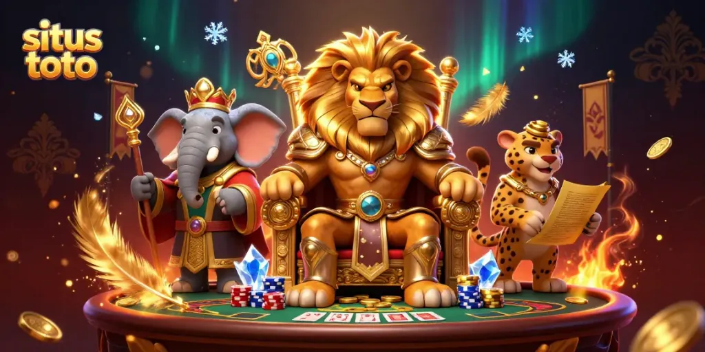 Gambar situs toto dengan raja singa 3D, meja poker, dan koin emas yang berkilau.