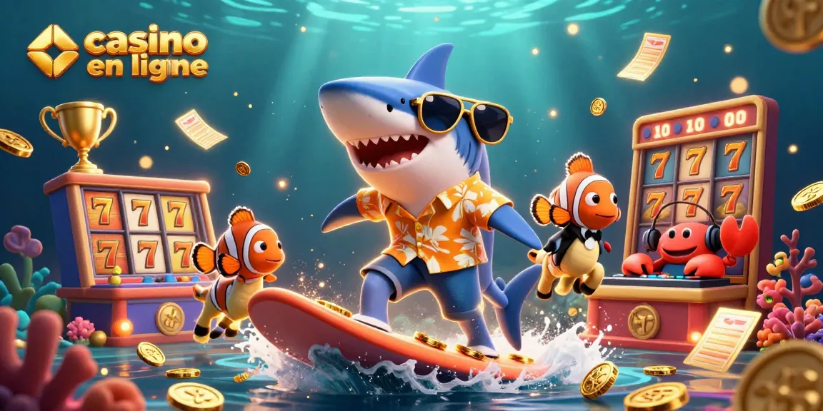 Un casino en ligne animé avec un requin marteau sur une vague de pièces d'or et des éléments de jeu sous-marins.