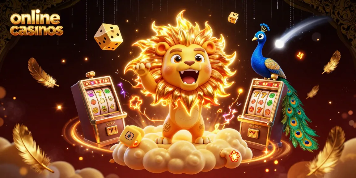 Experience the excitement of online casinos with a vibrant 3D lion, golden dice, and thrilling gaming elements!