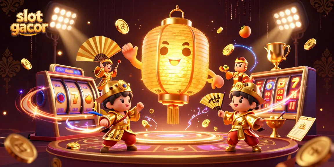 Menang di slot gacor dengan ilustrasi kasino yang penuh cahaya dan elemen beruntung.