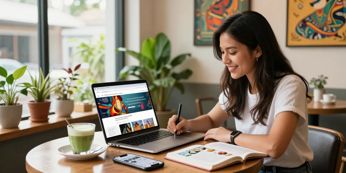 Engaging scene of a content creator exploring https://hanadultalk.com in a cozy cafe, showcasing vibrant Asian cultural content in Spanish.