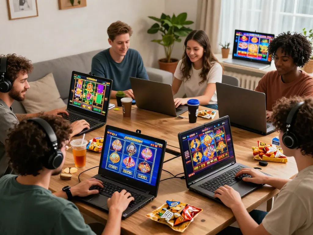 Diverse players enjoying slot games on their devices in a cozy home setting, showcasing engaging graphics and a lively atmosphere.