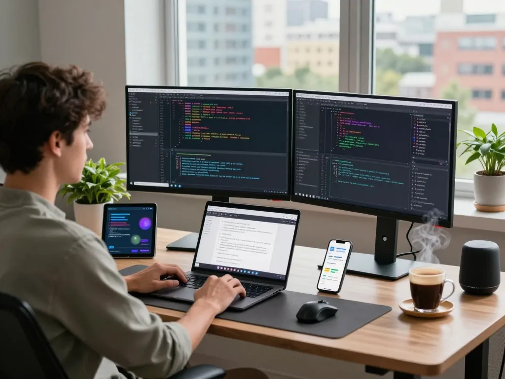 A developer using Clawdbot in a modern coding workspace with dual monitors and interactive tech.
