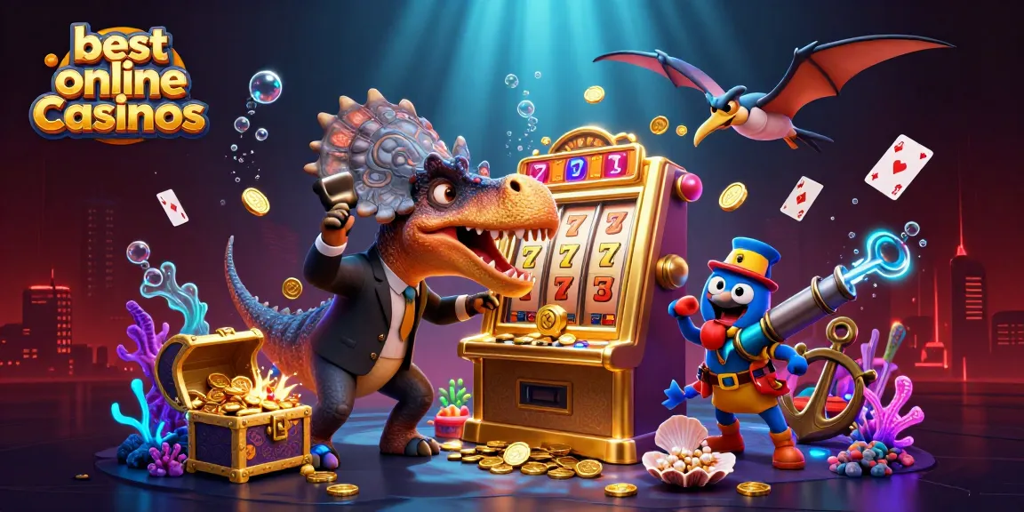 Los mejores casinos online muestran un dinosaurio golpeando una máquina tragamonedas con monedas de oro volando.