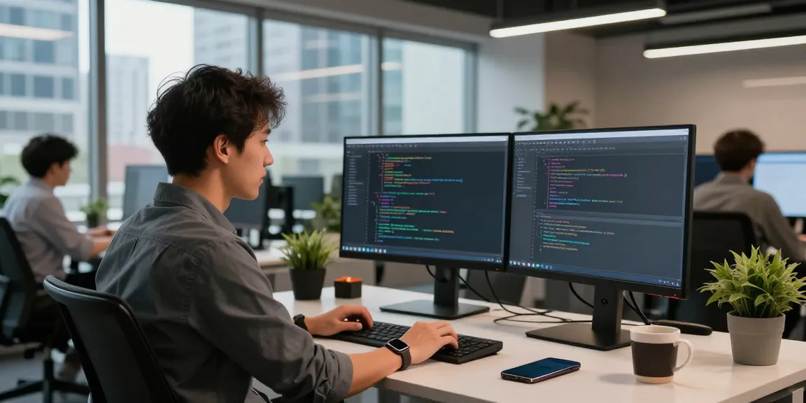 Developer coding in a modern tech office environment at teiegramin.com, emphasizing productivity and collaboration.
