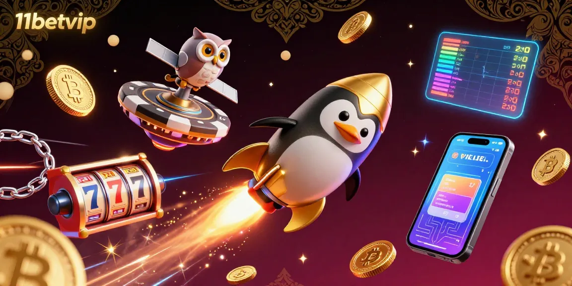 11betvip showcases thrilling space casino adventure with golden penguin, crypto elements, and jackpot excitement.