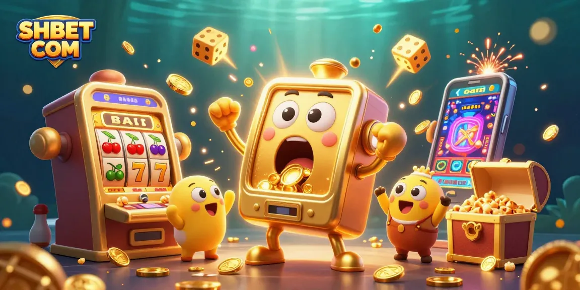 Experience excitement at SHBET COM with a cartoon slot machine celebrating its jackpot amidst gold coins.