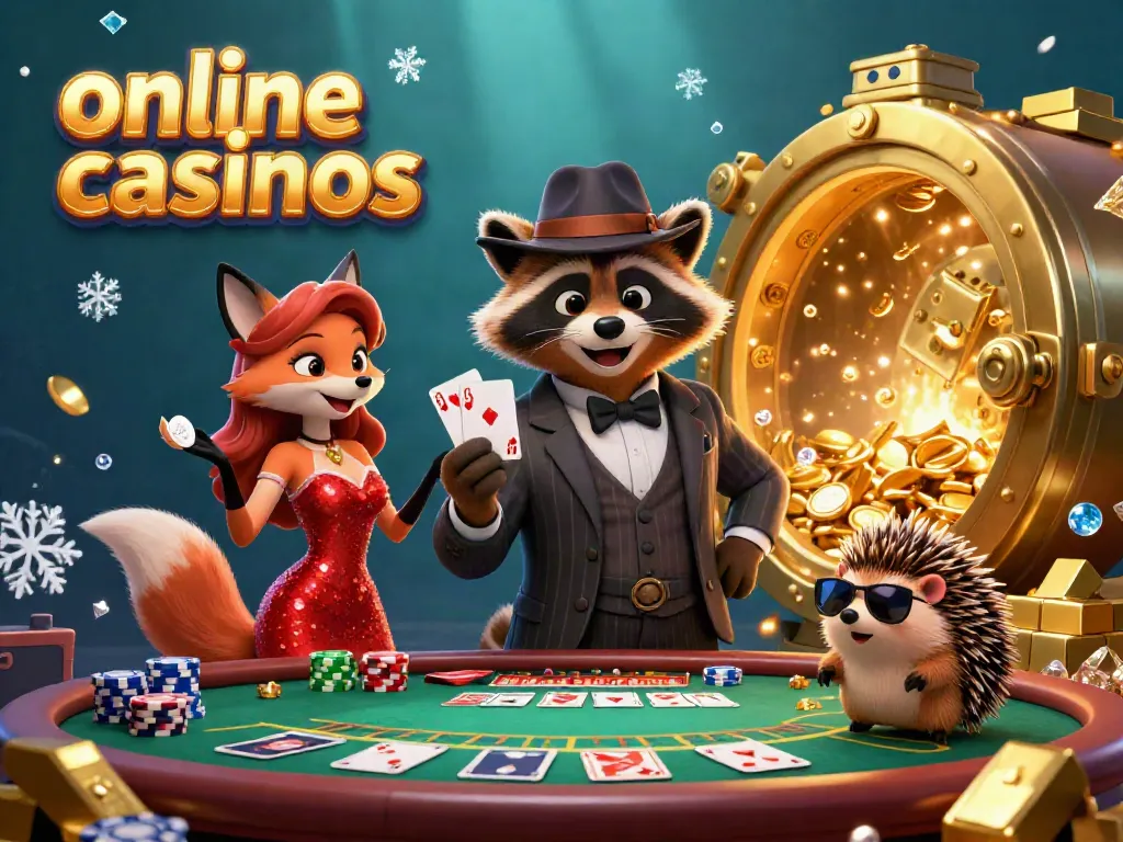 Experience vibrant online casinos with a suave raccoon and glamorous fox in a lavish casino scene.