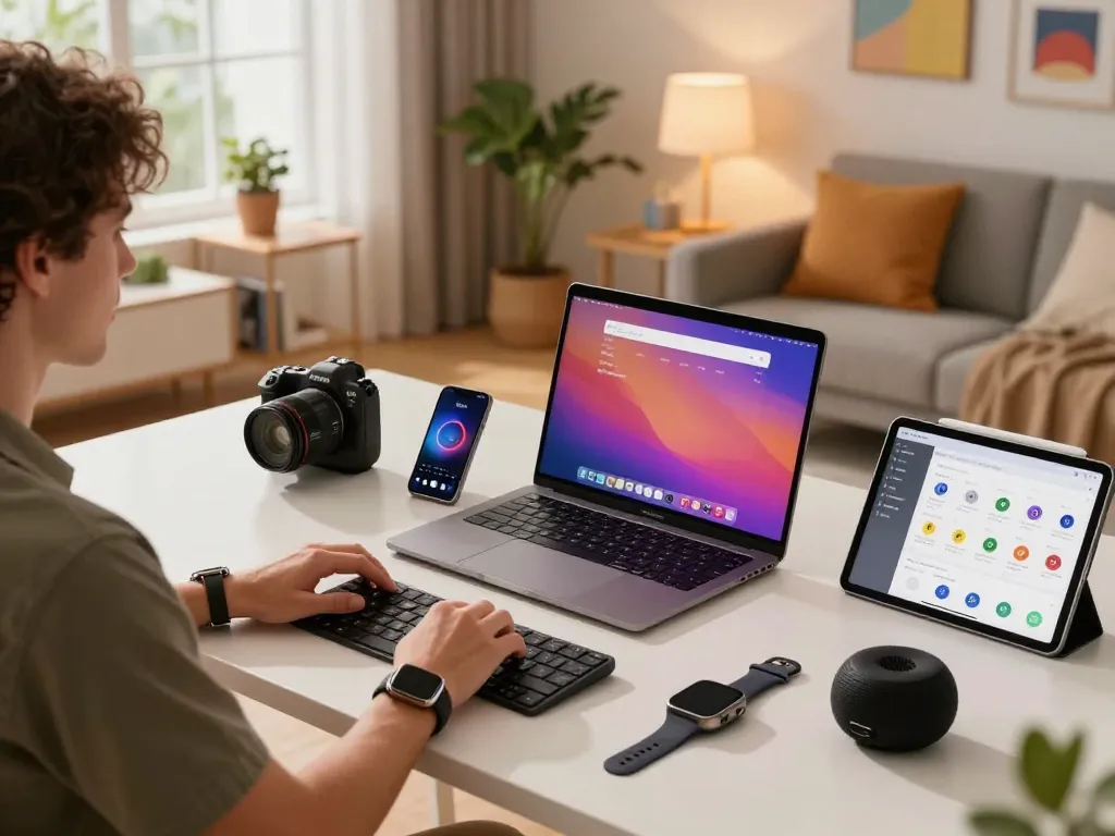 Affordable tech gadgets showcased in a cozy urban home office, featuring a Bluetooth keyboard and smartwatch.