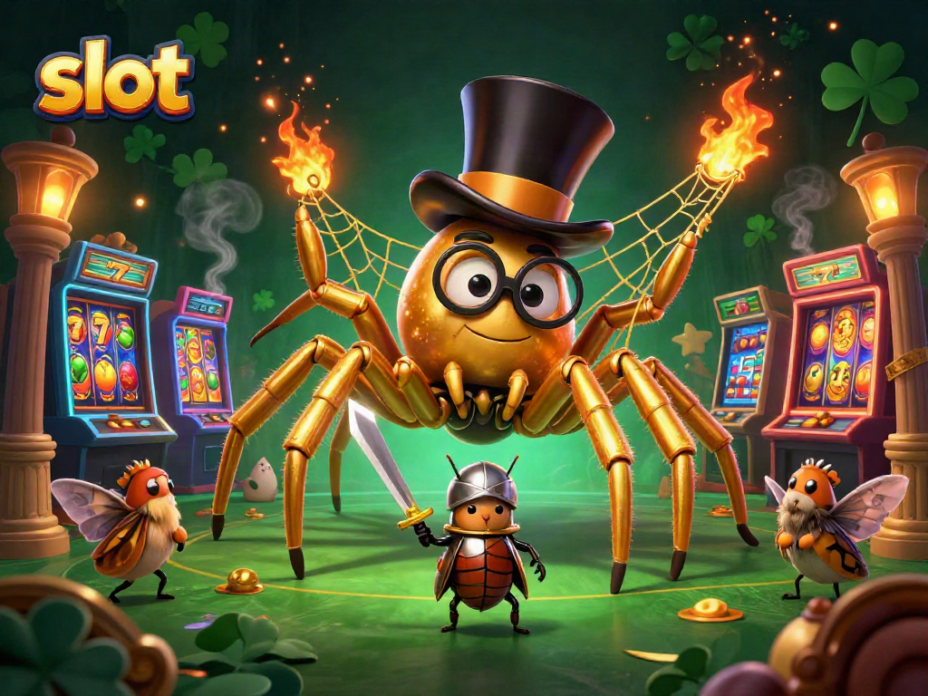 Engage with slot gaming excitement featuring a giant golden tarantula weaving luck between slot machines.