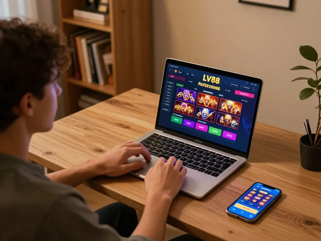 Engaging in live betting at LV 88 with a cozy home setup featuring a laptop and smartphone.