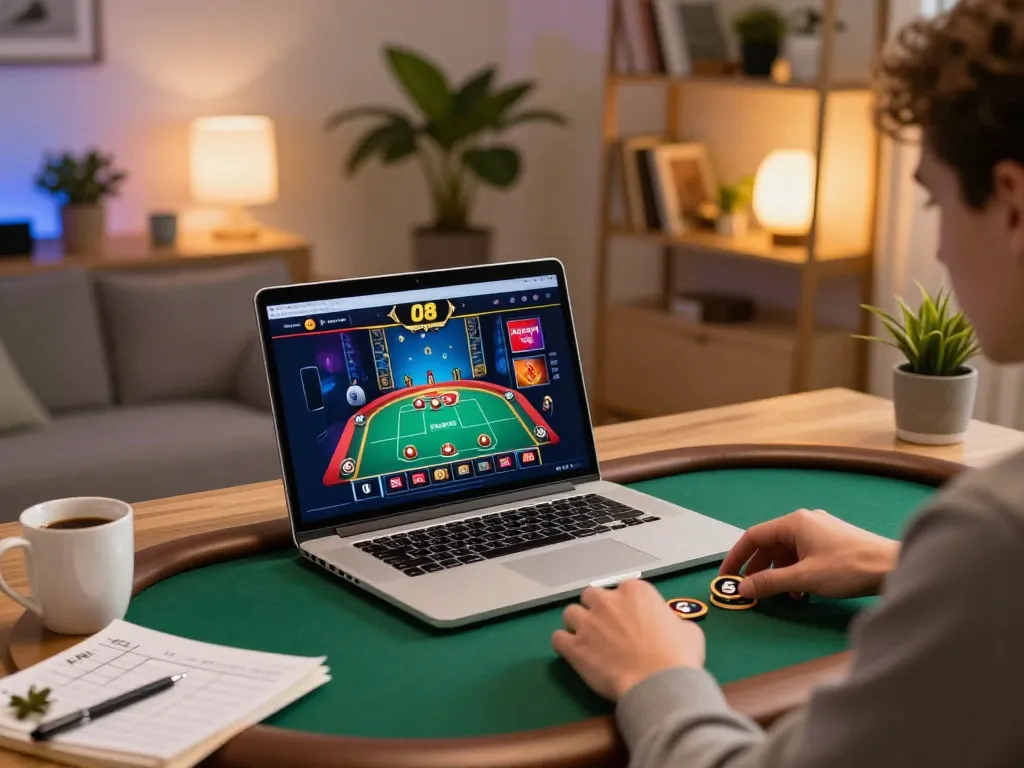 Player enjoying poker on O8 online casino interface in a cozy home office.