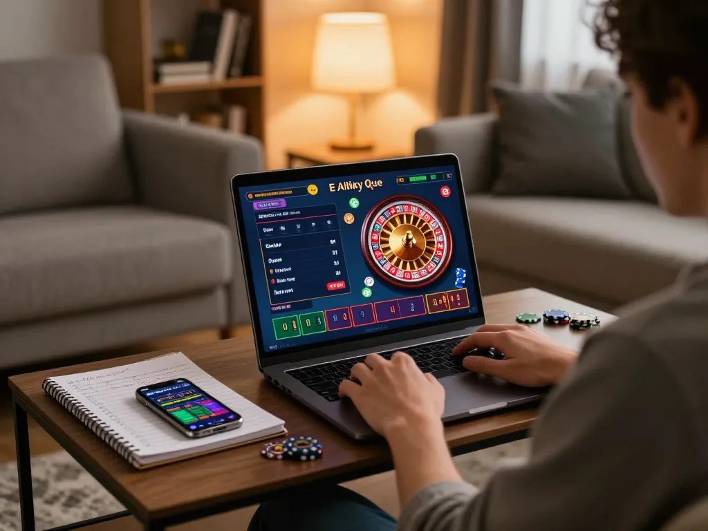 Engaging in online gambling with XX88 roulette game on laptop at home.