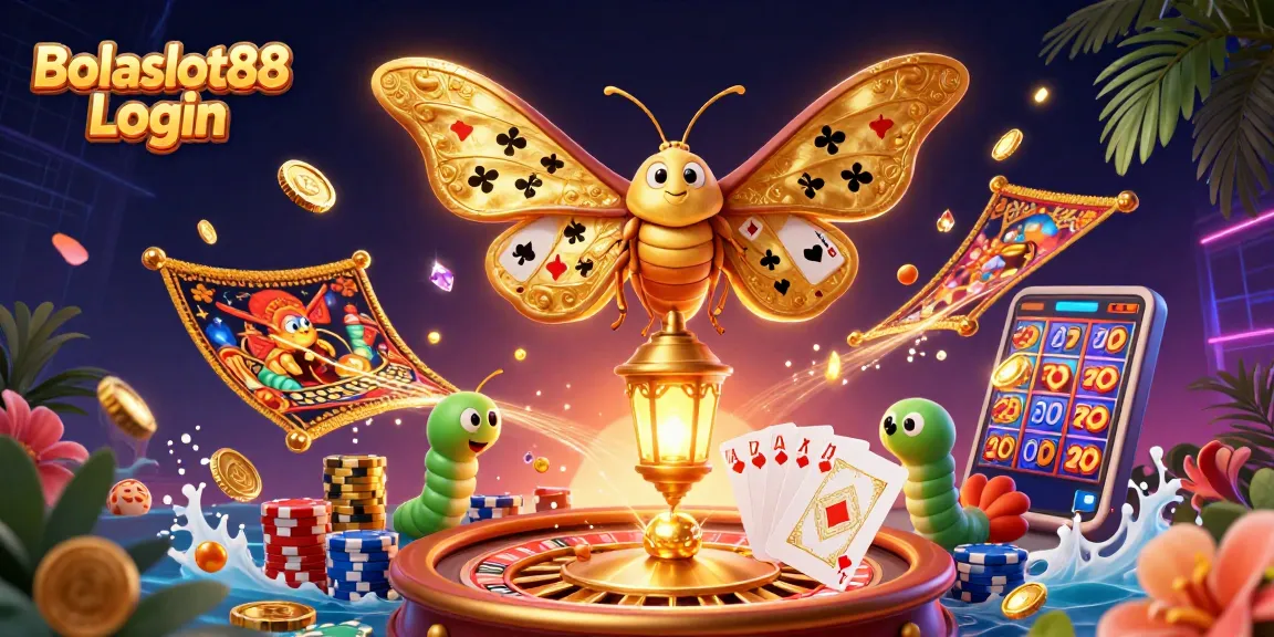 Bolaslot88 Login: Engage with the vibrant world of online slots featuring golden treasures, cards, and casino elements.