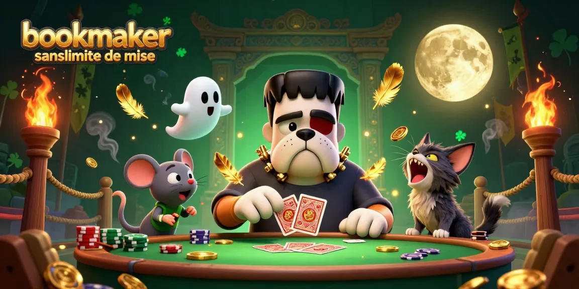 Jouez avec le bookmaker sans limite de mise dans une scène d'illustration 3D animée sur la table de poker.