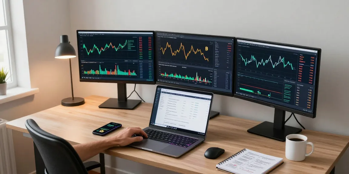 Cricbet trading workspace showcasing cryptocurrency analysis on multiple monitors, emphasizing secure trading practices.