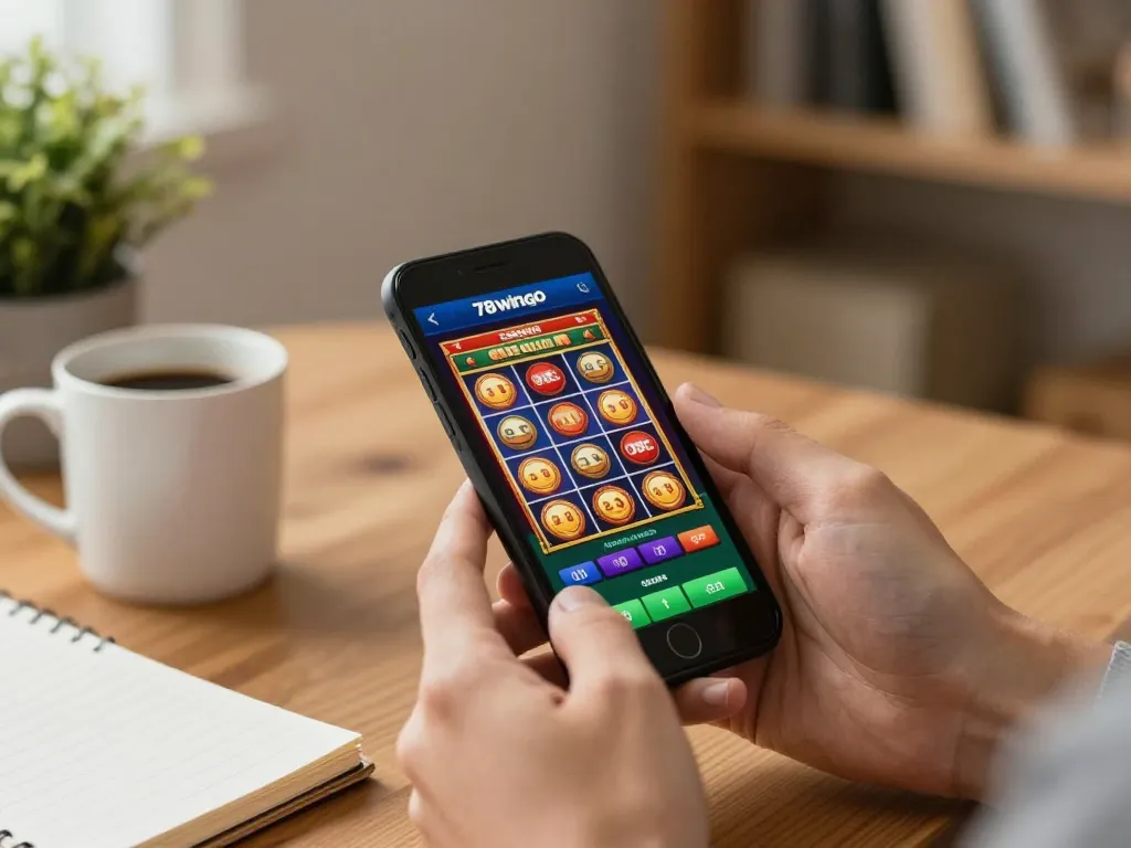 Player engaging with the 78wingo casino app on smartphone, showcasing interactive gaming experience at home.