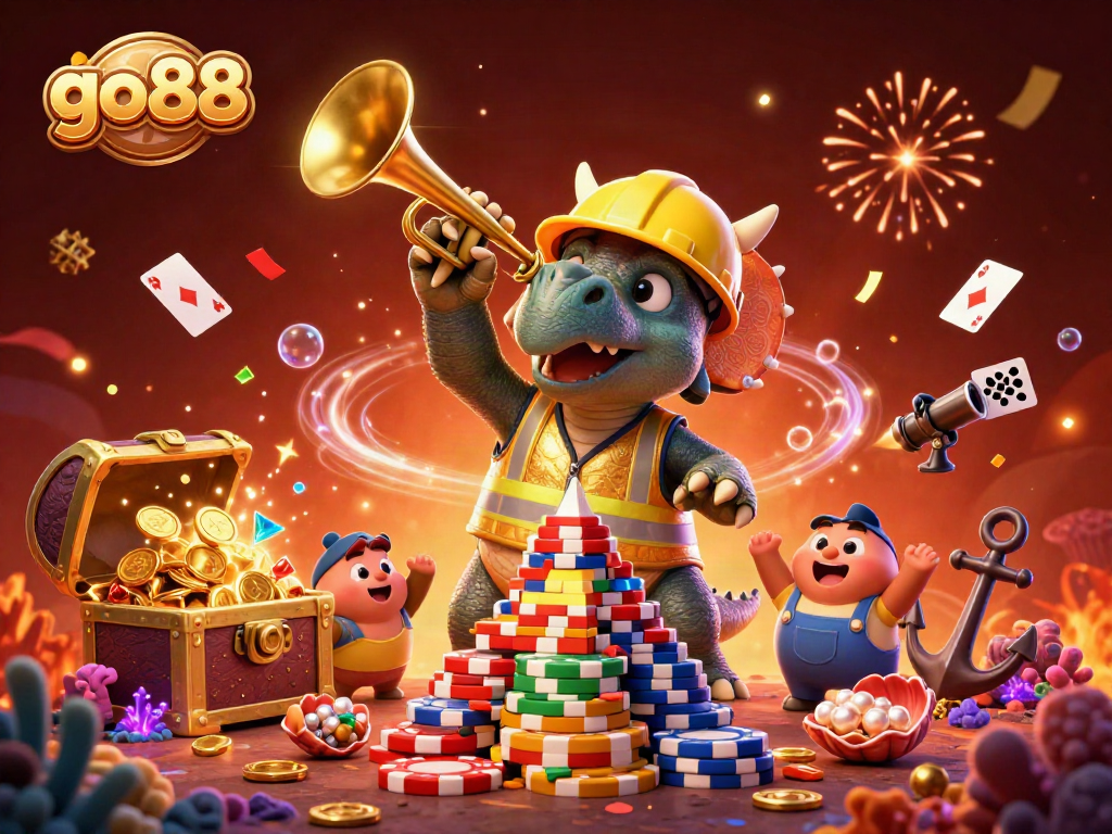 Go88 features a cheerful triceratops building poker chips, symbolizing fun in online gaming.