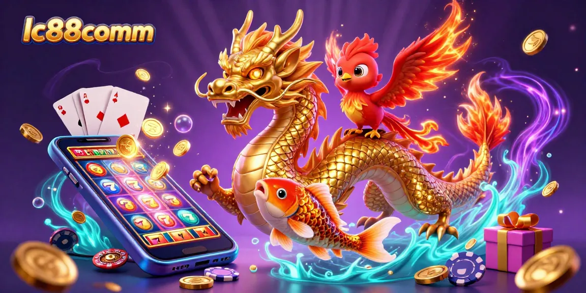 Experience thrilling gameplay at lc88comm with a golden dragon, phoenix, and coins flying in this vibrant casino illustration.