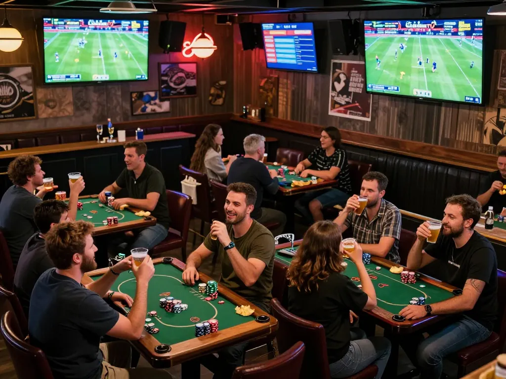 CakhiaTV live football match viewing at a sports bar with fans enjoying food and drinks.