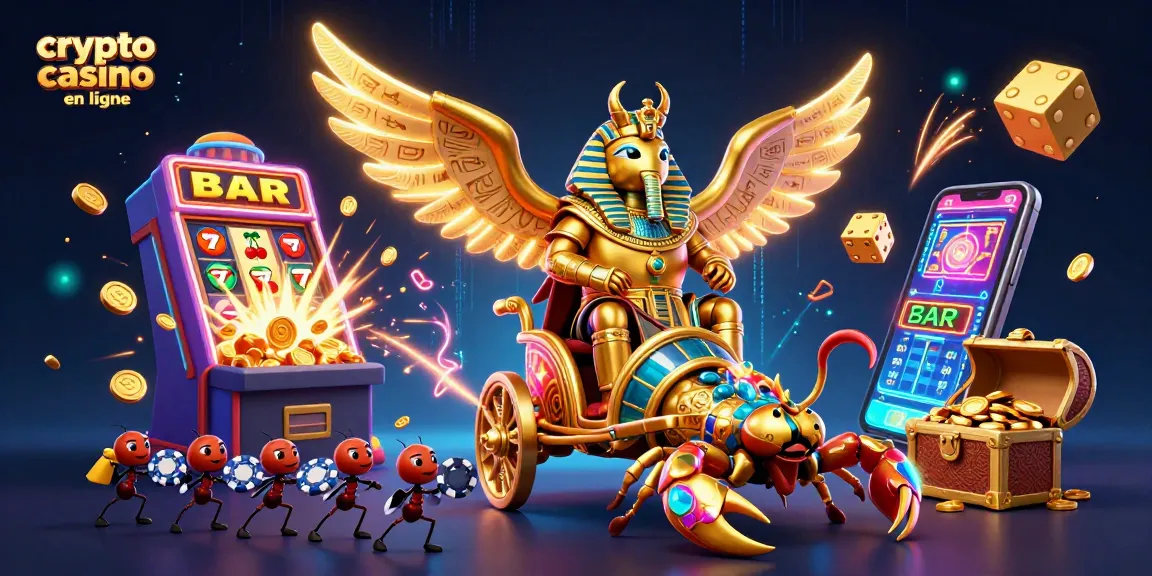 Animation dynamique d'un crypto casino en ligne avec un scarabée d'or et des jeux éclatants.