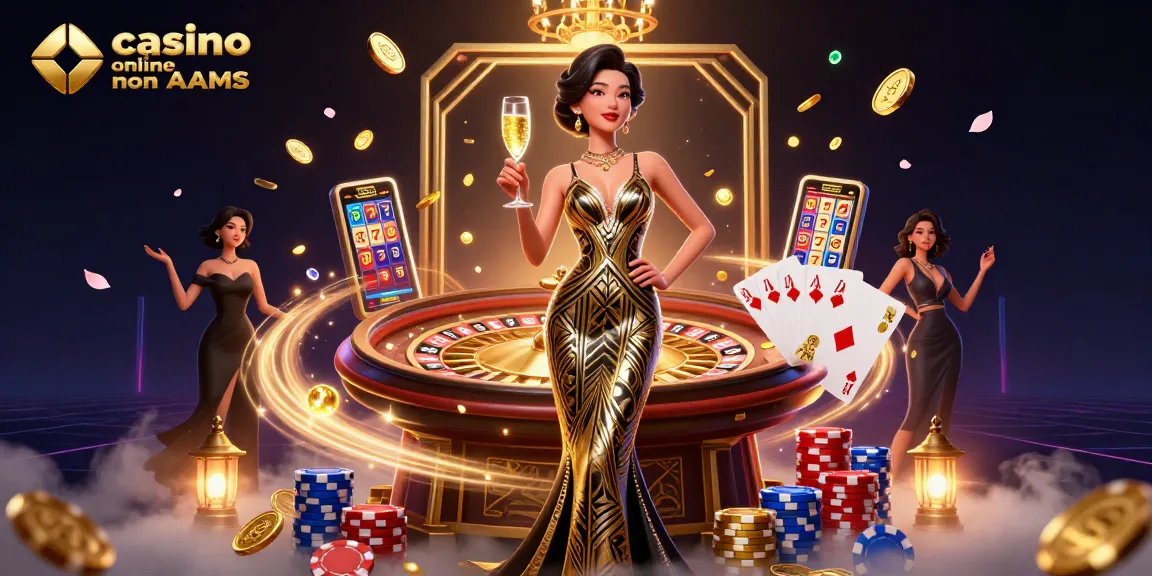 Vivi un'esperienza di gioco emozionante nei casinò online non AAMS con una donna asiatica elegante che festeggia in una scena di casinò glamour.