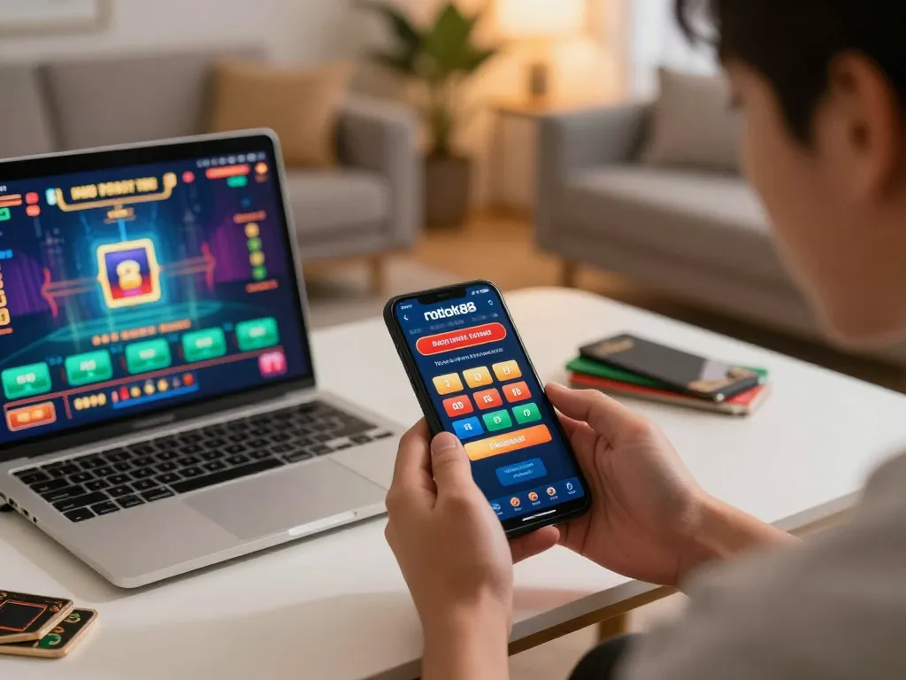 Engage with rokok88 via mobile gaming in a cozy home setup with a player focused on winning.