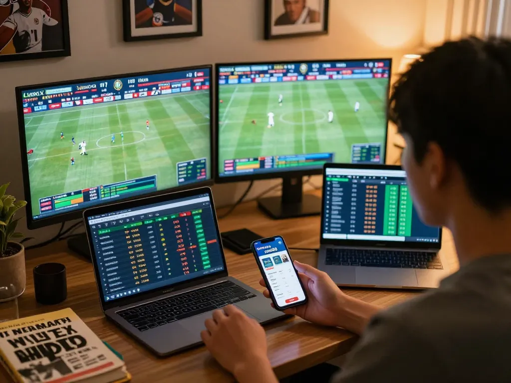 rokok88 user analyzing sports betting odds in a cozy home office setting
