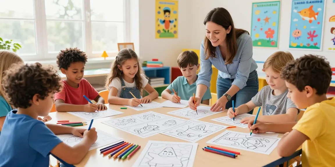 Kids learn colors and creativity while coloring Patrick Star pages in a vibrant classroom.