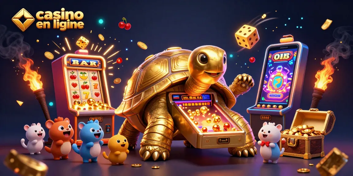 Jouez à un casino en ligne avec une machine à sous tortue géante, entourée d'animaux excités.