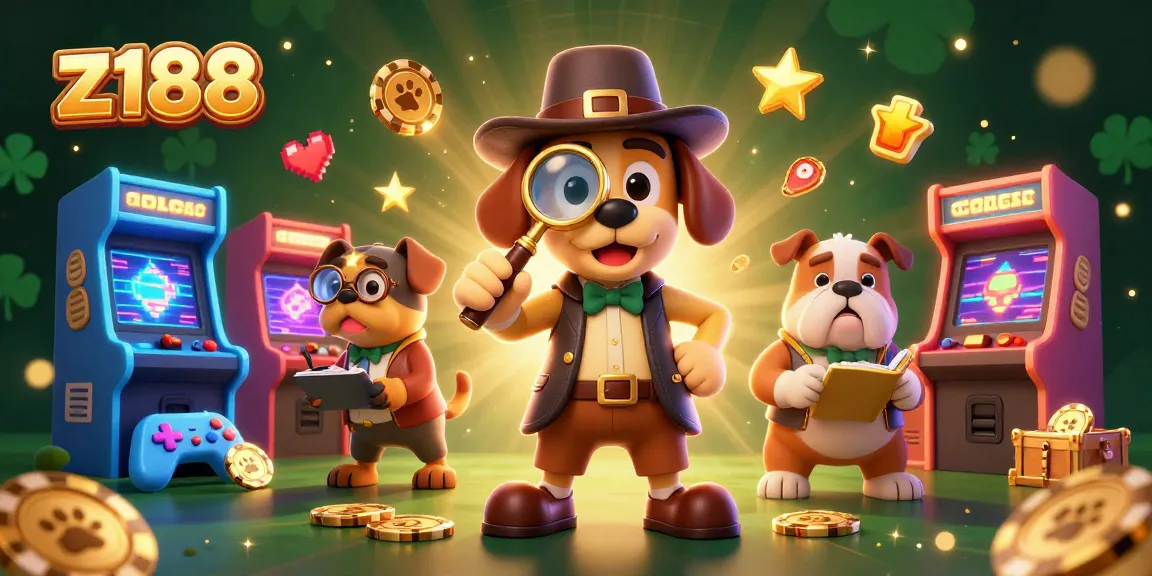 Engage with z188's vibrant casino games illustrated by a cartoon detective uncovering clues.