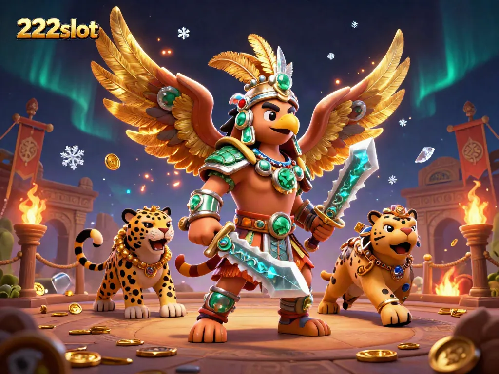 Permainan slot 222slot dengan karakter pejuang Aztec, emas berkilauan, dan simbol beruntung.