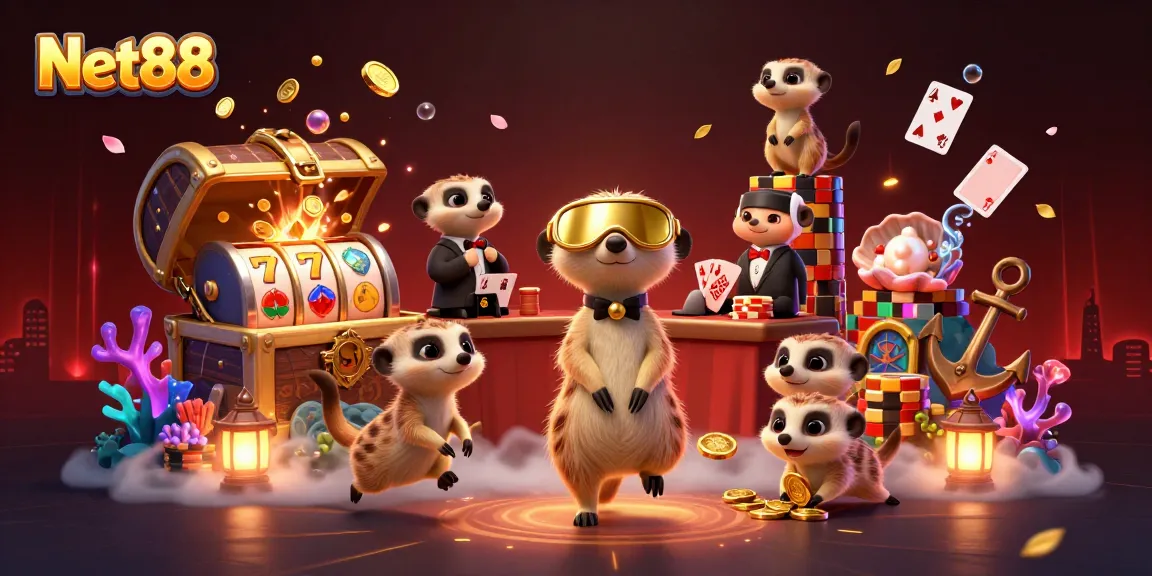 Experience vibrant gaming action at Net88, featuring lively meerkat dealers and dynamic slot games.