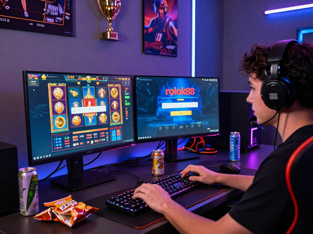 Player using rokok88 slot login in a vibrant gaming room with exciting visuals.