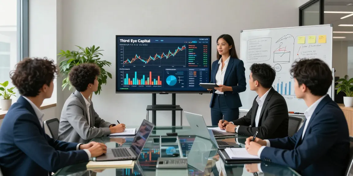 Business professionals collaborating on strategies related to Third Eye Capital in a modern office setting.
