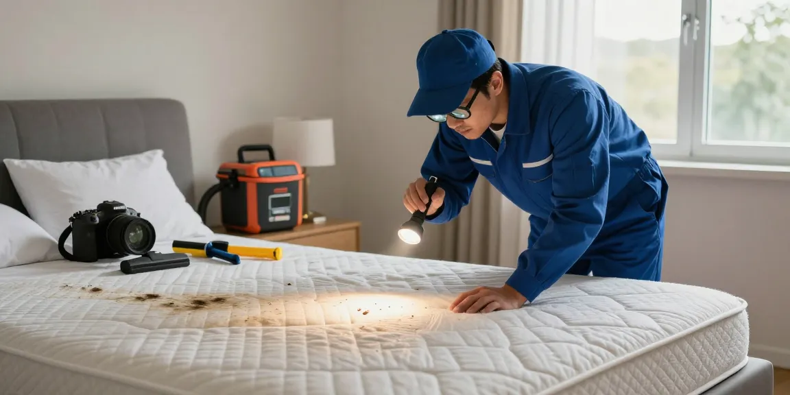 Bed bug exterminators inspecting a mattress for signs of infestation in a bright bedroom.