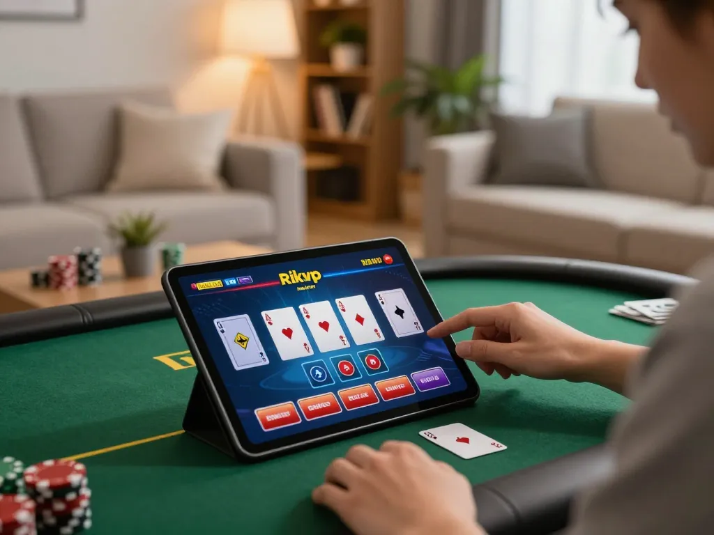 Engaged player on tablet exploring rikvip poker interface in a cozy, ambient-lit living room.