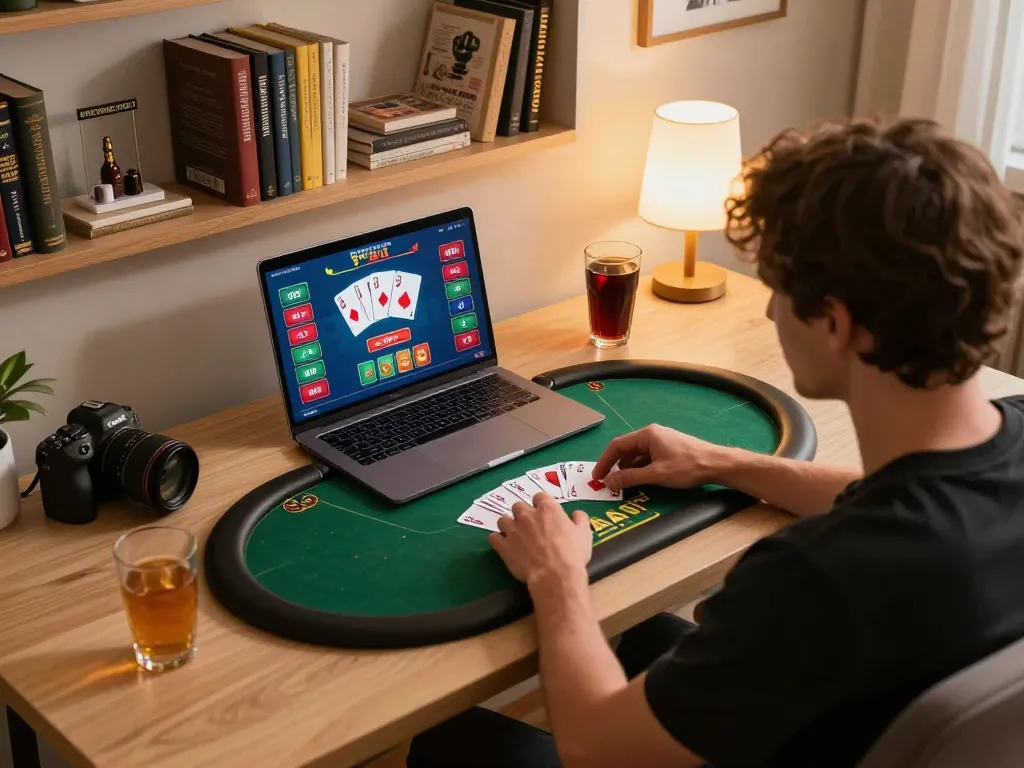 Engaged player in a nhacaiuytinn poker session, analyzing cards on laptop in a cozy home setup.