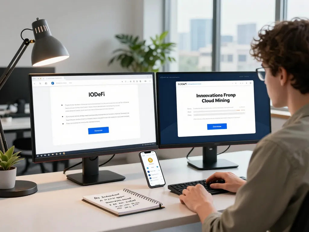 Streamlined IODeFi registration process showcased with user engaging on dual monitors in a modern office.
