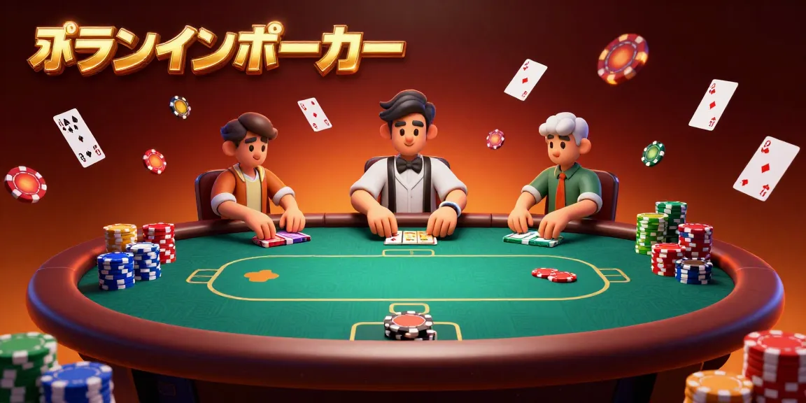 オンラインポーカーで豪華なテーブルとプレイヤーを楽しむ様子を描いたイラスト