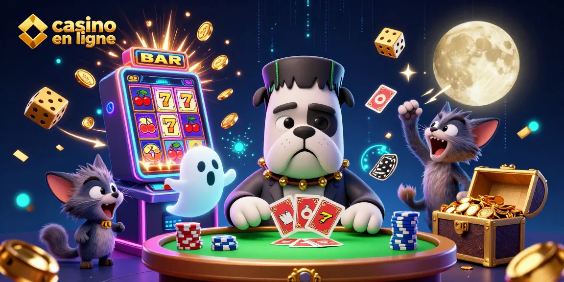 Jouez sur un casino en ligne avec le bulldog Frankenstein distribuant des cartes et des gains explosifs.